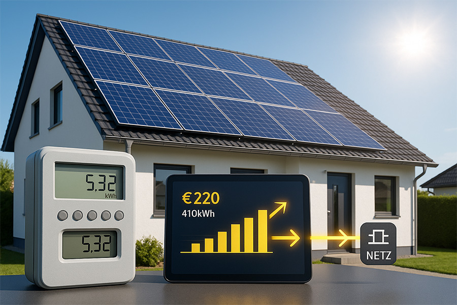 Digitale Anzeige des eingespeisten Solarstroms mit Ertragsübersicht – Einspeisevergütung 2025 visualisiert