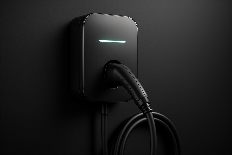 Wallbox für Elektroauto mit Solarstrom | Stockmann Solartechnik GmbH Schwarze Wallbox mit Ladekabel für Elektroauto